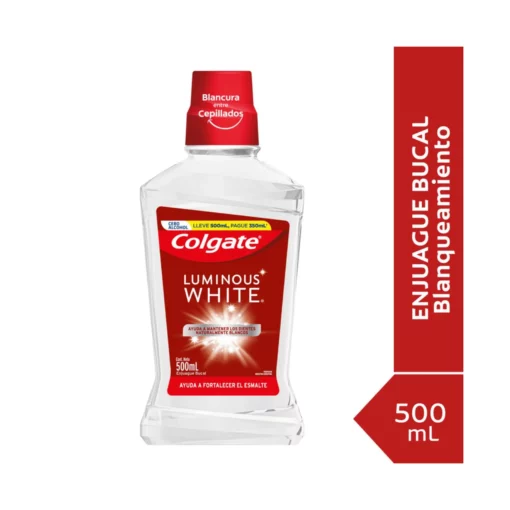 COLGATE LUMINOUS WHITE AYUDA A FORTALECER EL ESMALTE ZERO ALCOHOL ENJUAGUE BUCAL X 500 ML